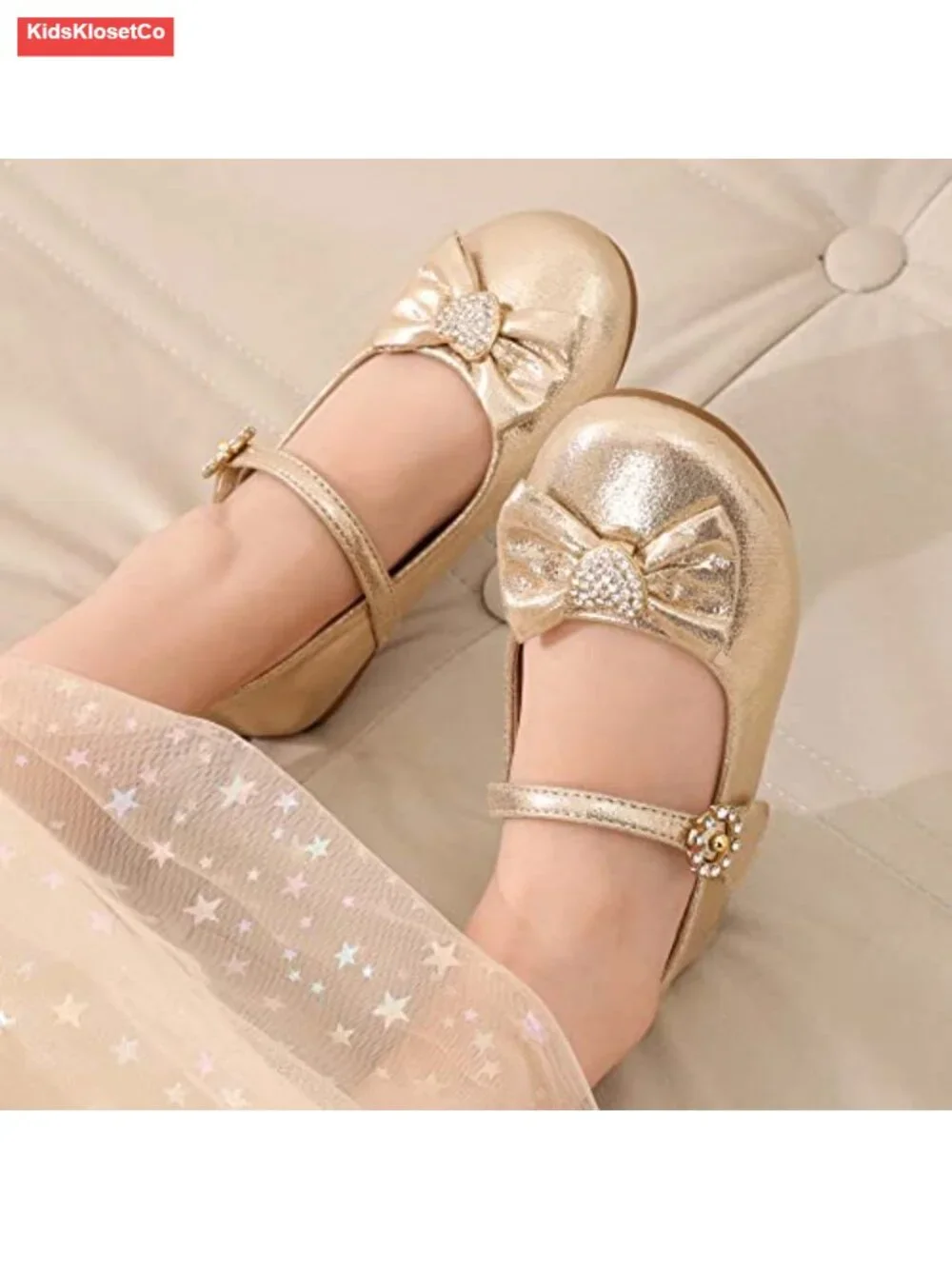 Girls Mary Jane Bow Ballet Flats - Hook & Loop Closure, Lightweight Dress Shoes
